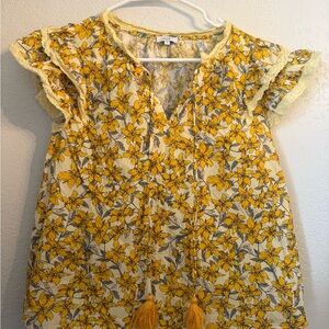 Voy Yellow Floral Top with Lace Accents.  Pit to pit is 21”.  Thank you.